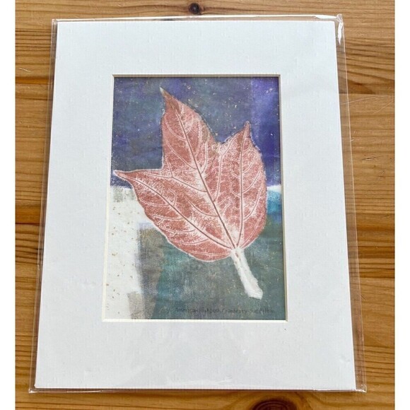 Maple Leaf Art Print Monotype Block Oil Ink Fall Autum Sz 5 x 7 Burgundy Green - Picture 1 of 7